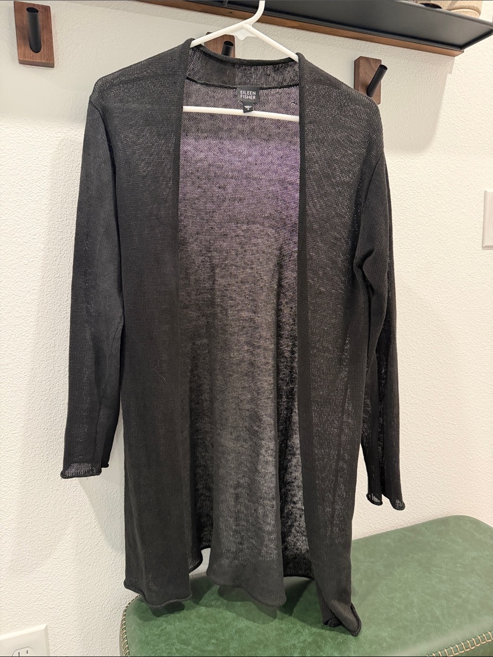 Eileen Fisher Black Open Front Sheer Knit Cardigan